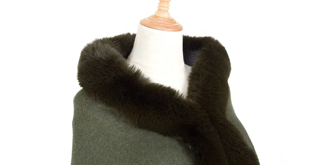 
Wholesale Army Green Women Winter Cape Poncho Blending Pashmina Fur Stole Shawl Scarf With Fur Trim 