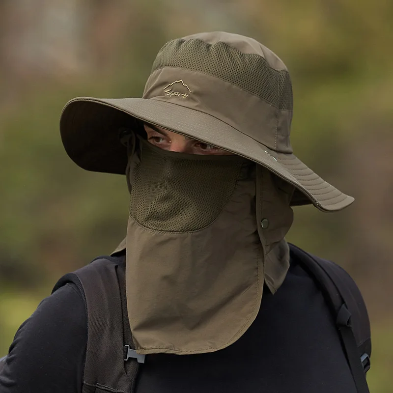 Custom Sun Protection Bucket Hat Man Quick Dry Mesh Wide Brim Fishing Fisherman Bucket Hats Cap with Face Cover Neck Flap