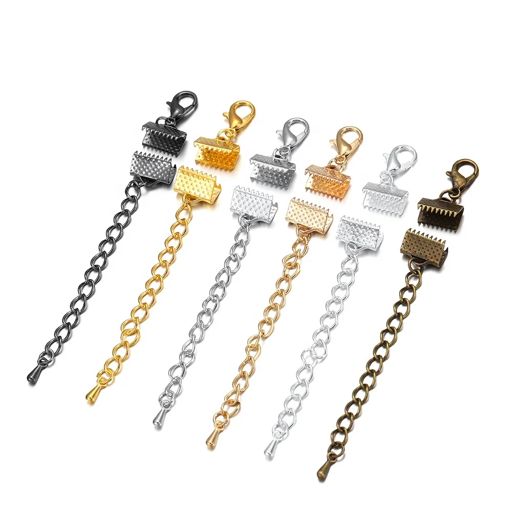 wholesale Accessories jewelry Iron Ribbon End Clamp Crimps with Lobster Clasp and Extension Chain