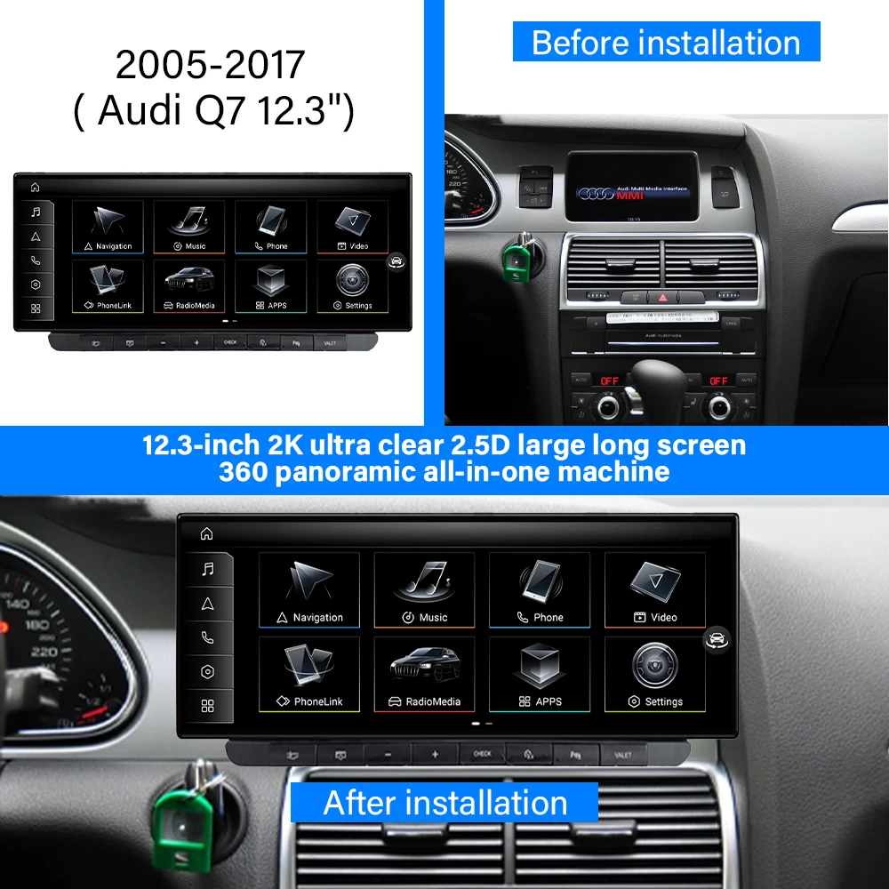 2005-2017 Audi Q7 12.3' Android Touch Screen Carplay Stereo 2K HD wifi GPS Quality with DVR for Dashboard Installation