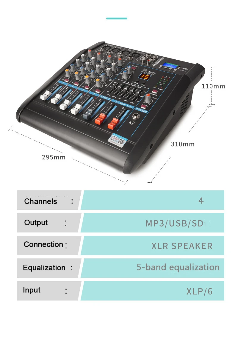 XTUGA LS04 Professional 250W Audio Power Amplifier With Rechargeable 2 Wireless Microphones 6 Channel powered audio mixer