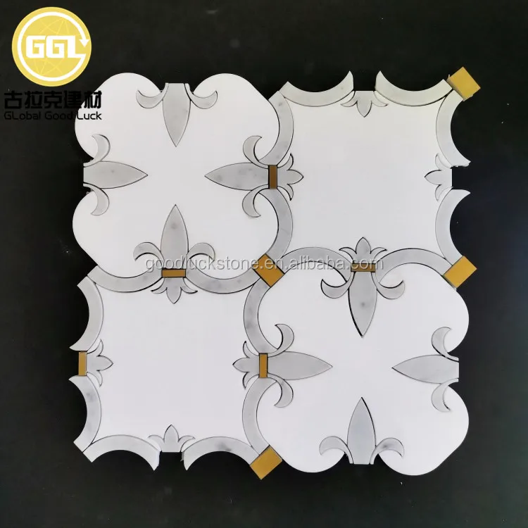 Flower Pattern Waterjet Mosaic Tiles In Thassos and Carrara White Marble Mix Brass for Wall and Floor