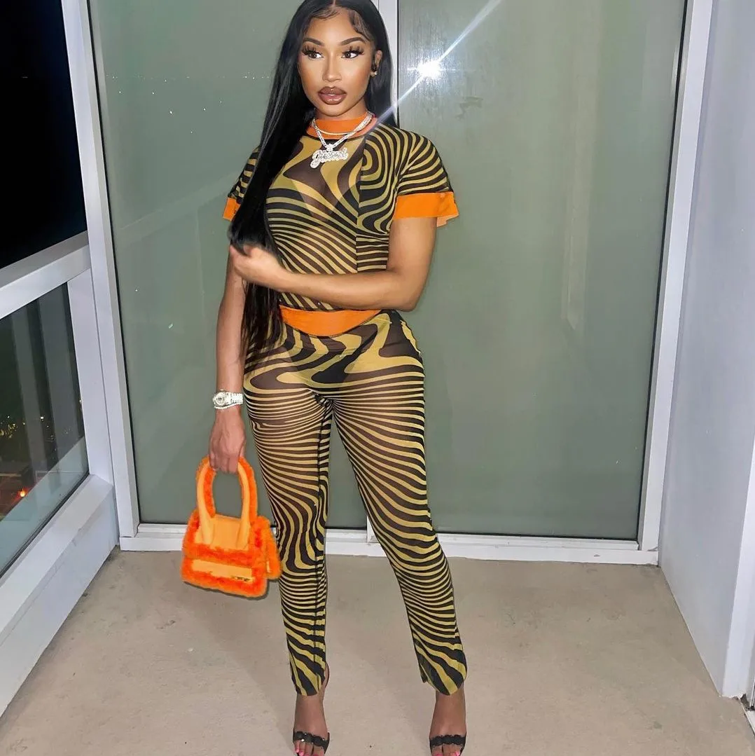 Summer Womens Clothing Perspective Zebra Stripe Print Matching Short Sleeve 2pc Cropped Top Outfits Two Piece Pants Set