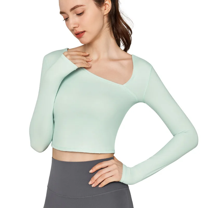 New lulu yoga long sleeve T-shirt cover up sports fitness quick dry diagonal collar bottom shirt slim short lulu yoga top
