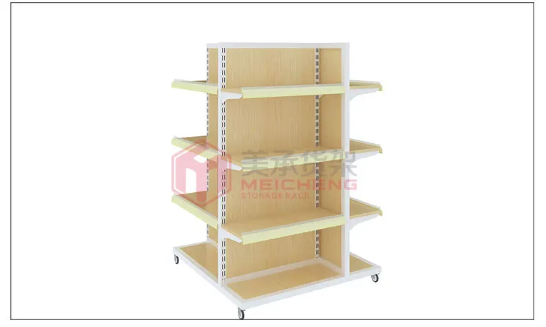 Meicheng 4 Side Supermarket Promotion Display Counter Wood Display Shelves For Retail Stores Cosmetic Supermarket Shelves