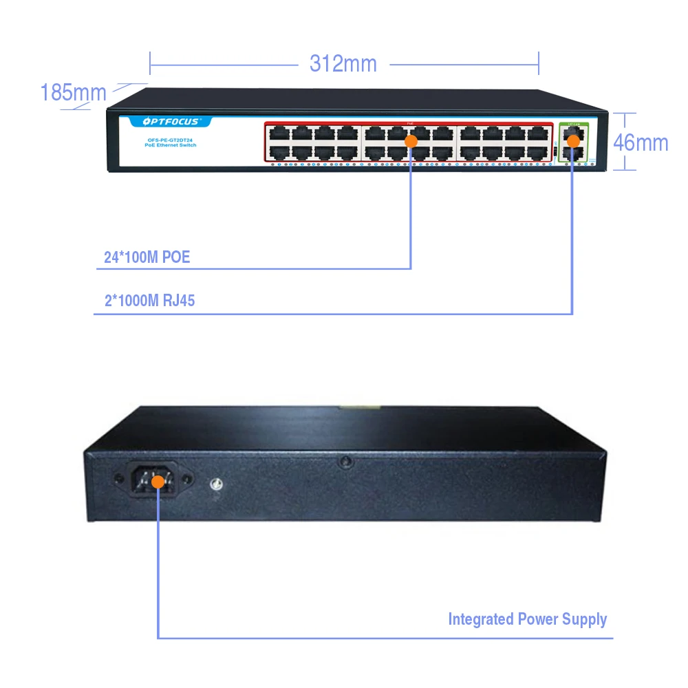 Сетевой коммутатор POE с 24 портами, 24*10/100 Мбит/с, 2*10/100/1000 Мбит/с