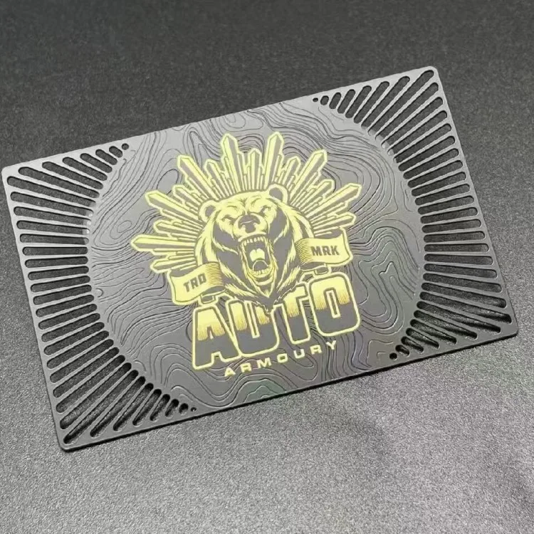 Fully custom surface etching cut through logo stainless steel metal business card