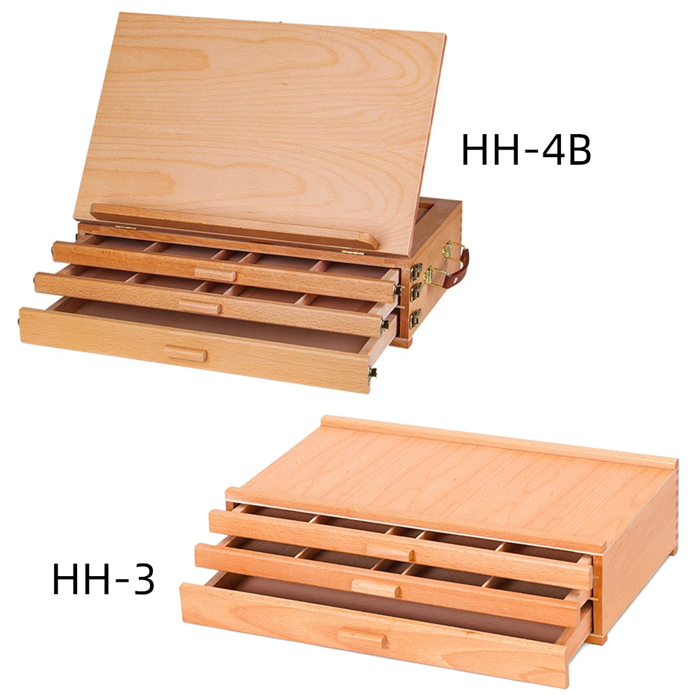 Panwenbo 3-drawer Wood Artist Supply Storage Box Portable Beechwood Multifunctional Pencil Brush Organizer Wood Box with Drawer