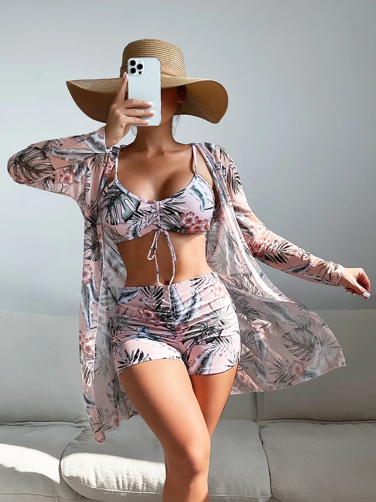 Summer Beach String Bikini Swimwear Beachwear Women Swimsuit Beach Cover Up Beach Dress High Waist Cover Up 3 Piece Set