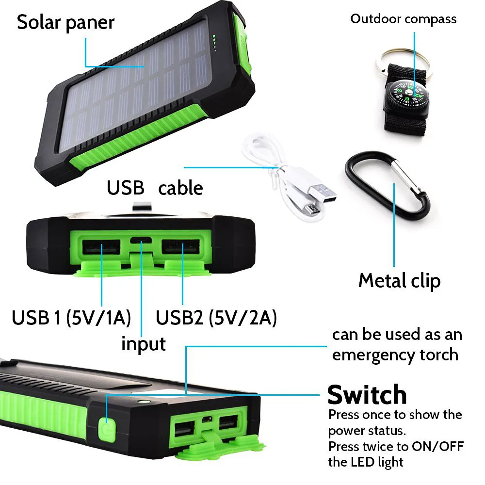LAIMODA pawar portable power bank chargers mobile solar charger 10000mah portable power bank solar phone charger with Led light