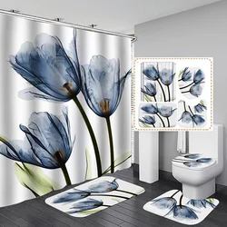 72x72 inch Home Decor Tulip Lotus Flowers Waterproof Bathroom Shower Curtain Sets with Toilet Lid Cover Bath Mat