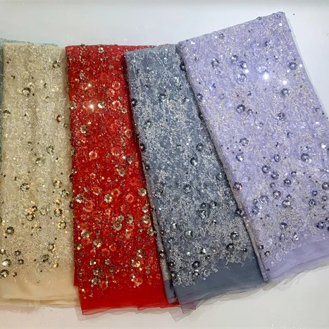 New Design African Lace Embroidery Fabric Sequins Colorful Lace Fabric Wholesale