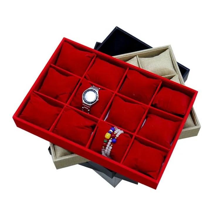 Sackcloth Burlap Display Showcase Watch Jewelry Tray Bracelet 12 Grid Pillows Tray Storage Organizer