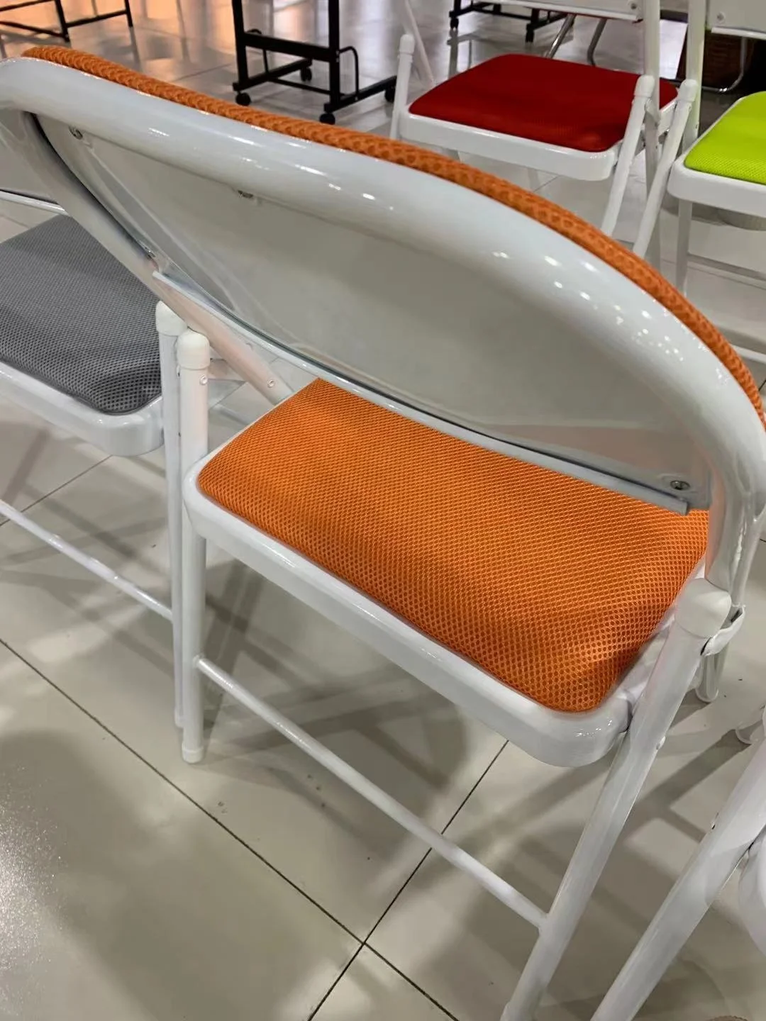  Black metal stackable folding chair office depart white green beige blue fabric pu