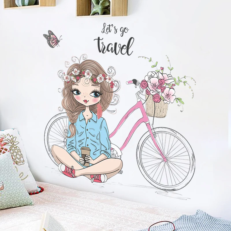 Fashion Beauty Girl Stickers Flowers Bicycle Decorative Wallpaper Creative Bedroom Murals Self Adhesive TV Background Decals