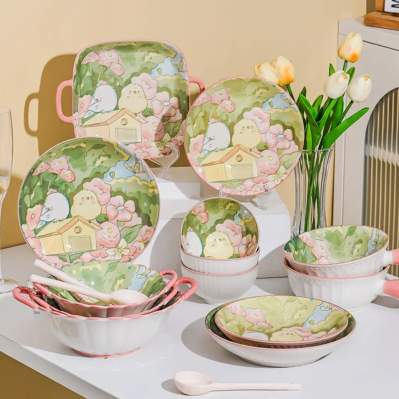 Ins Cartoon Pattern Children Tableware Safe Material Ceramic Dinner Plates And Bowl Kids Dinnerware Creative Gift