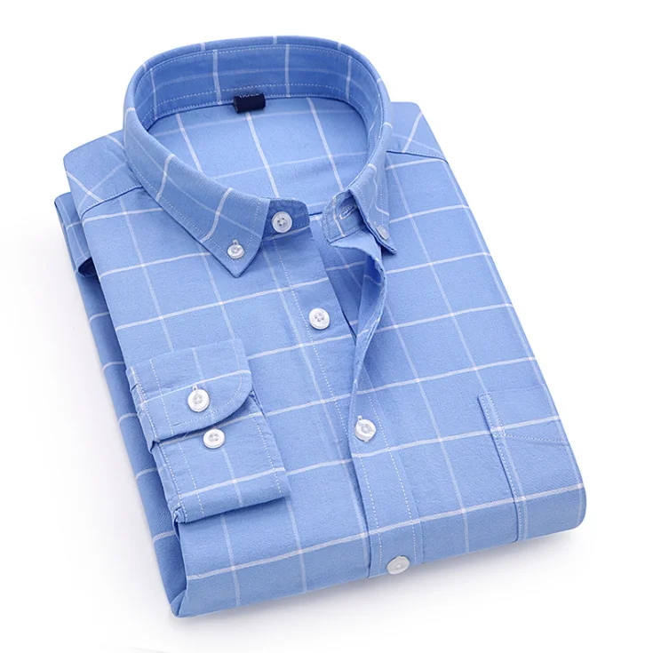 Mens Dress Shirt Soft 100% Cotton Smart Casual Slim-fit Plaid Shirt
