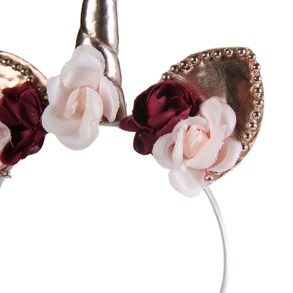 Handmade fox ears with pearls hairband rose gold unicorn hair band artificial flower headband