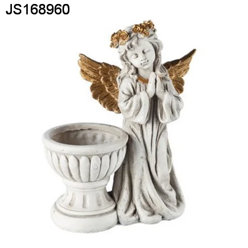 Outdoor garden sculpture Little angel figurine golden wings plant pot