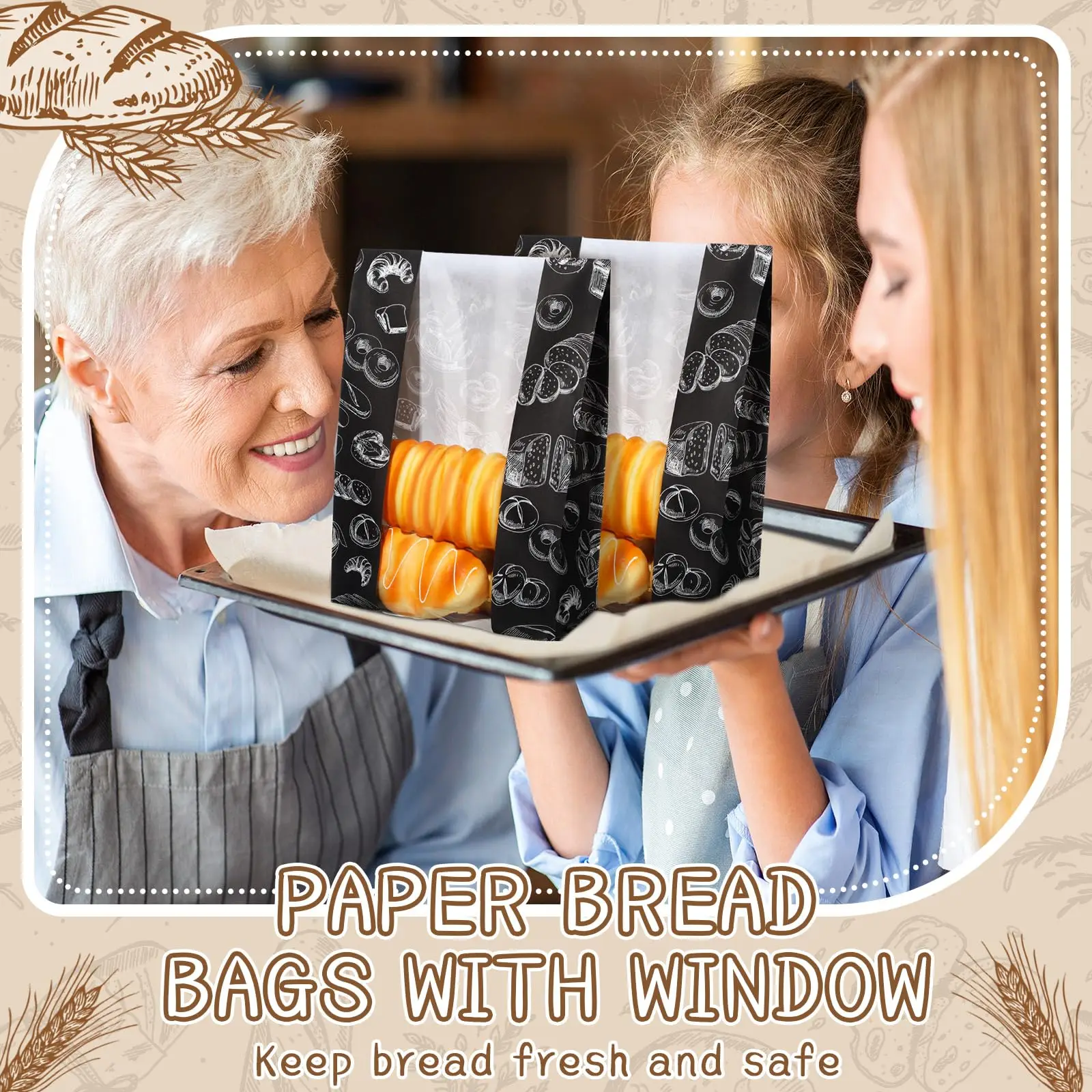 Customized Logo Design Print Greaseproof Kraft Treat Bakery Packaging Paper Bread Bag with Plastic Clear Window