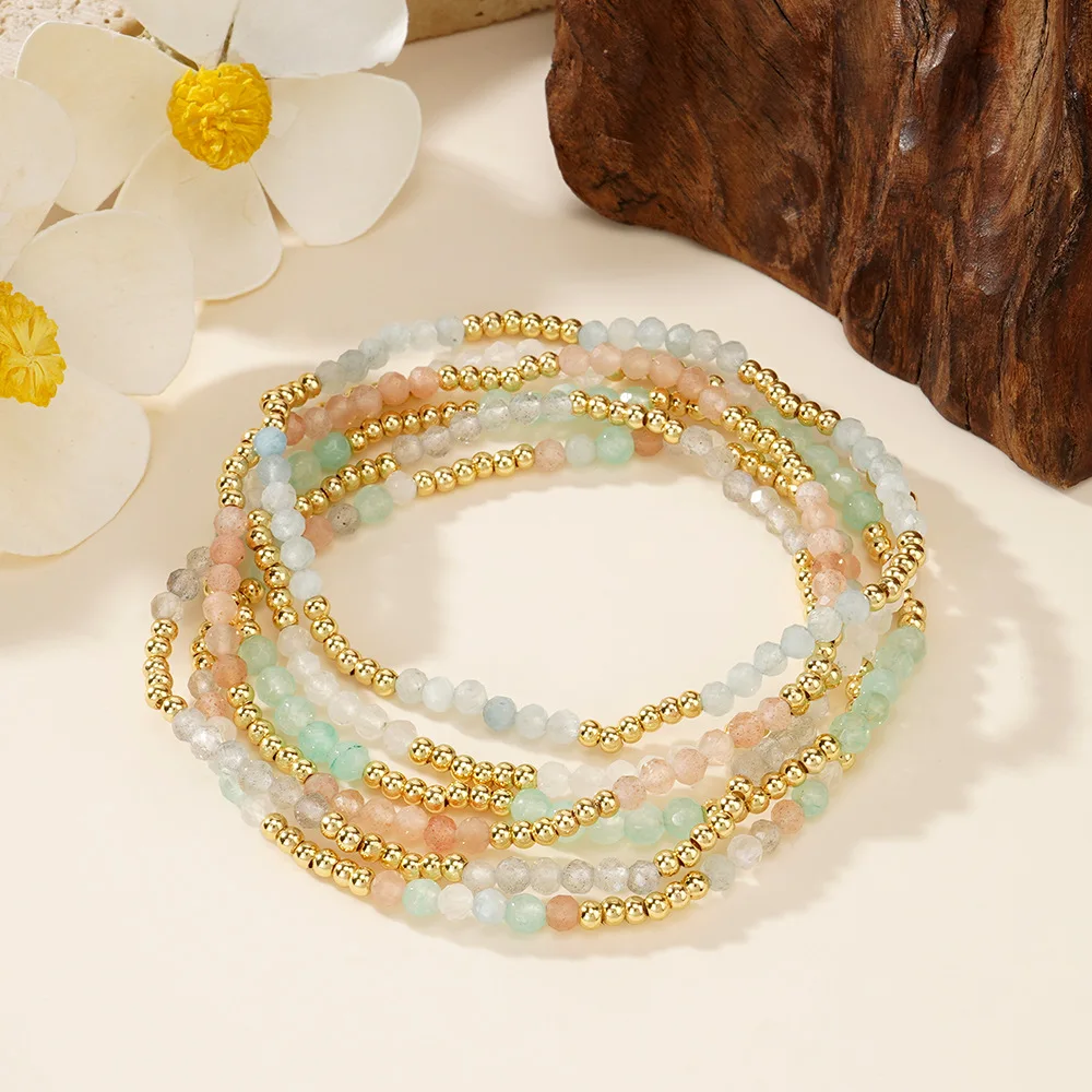 Waterproof 14k Plated Gold and Natural Stone Beaded Boho Elastic Stretch Bracelets Set Thin Minimalist for Women Jewlery