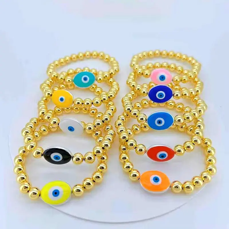 CH-LHB0558 Handmade Gold Plated Enamel Devil Eyes Bracelet Eyes Gold Ball Beads Bracelet Blue Eye Beads Stretch Bracelet