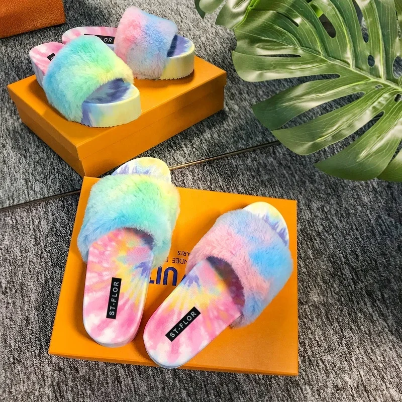 High quality winter soft colorful fashion fur slippers tie-dye candy color designer fur slippers women sandals
