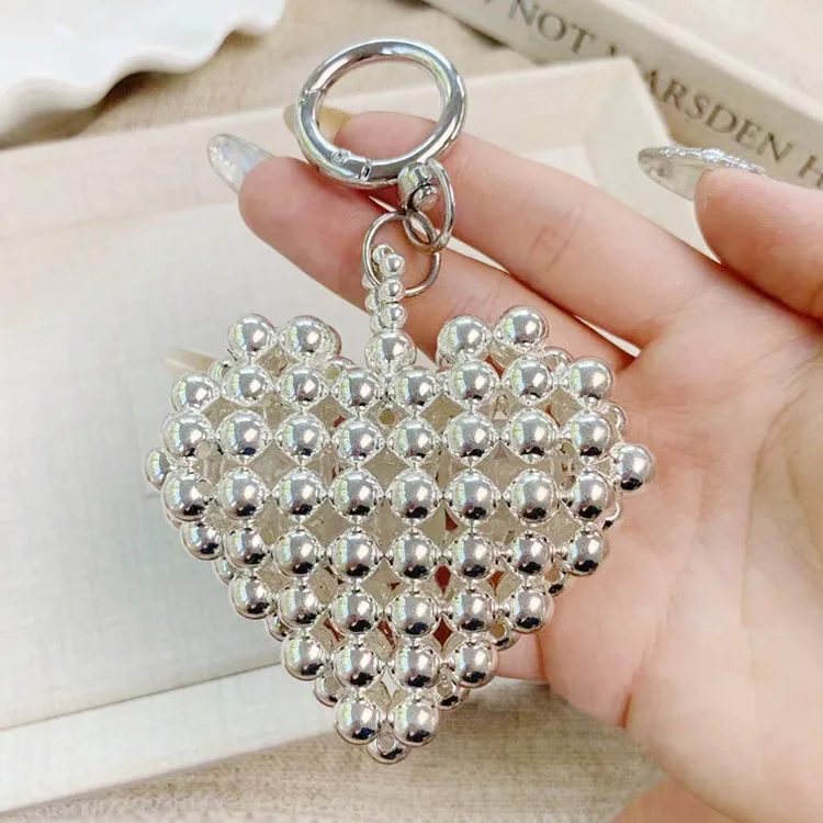 Statement Styole 7cm Silver Beads Braided Heart Charm Pendant Key  Bag Accessory