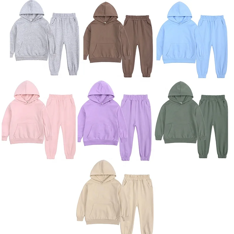 Ins Solid Color Unisex Toddler Little Boys and Girls Clothing Sets Leisure Hoodie Sweatshirt and Pants for Sports