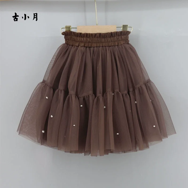 2023 New Summer Kid Girl Dark Brown Tulle Beads Skirt 5-9 Years