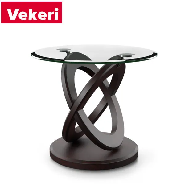 A contemporary Chinese side table with brown crossed oval wooden legs fits any balcony or living room space