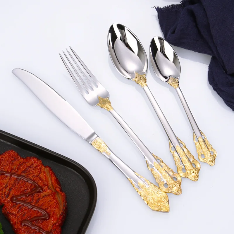 Factory Wholesale Royal Gold Cutlery Fork Knife Spoon Stainless Steel Coffee Spoons Inox Hotel Restaurant Flatware Tableware