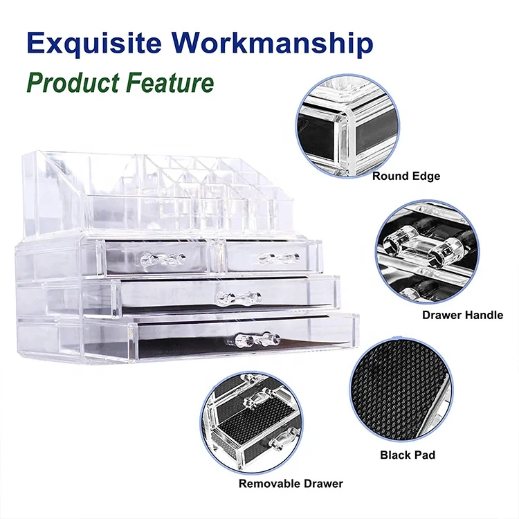 Оптовая продажа, коробка, прозрачный акриловый косметический Органайзер для туалетного столика с ящиками для хранения и Складными ящиками