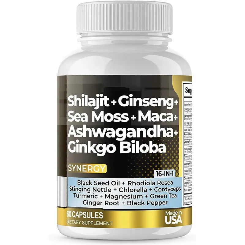 High Quality Shilajit Sea Moss Black Seed Oil Ashwagandha 16 In 1 Capsules Private Label Capsules Dietary Supplement Wholesale