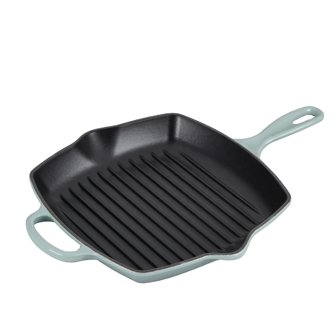 Kitchen non stick enamel cast iron bbq square steak and meat griddle skillet grill pan with ridge 10.5 inch
