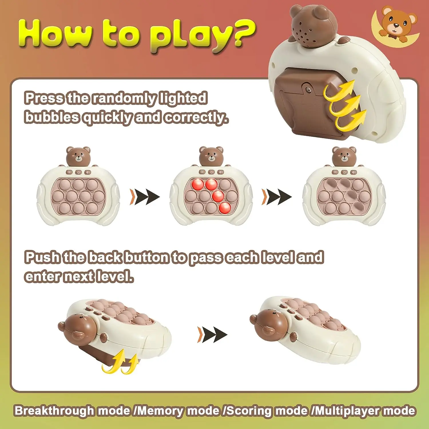 Huiye Pop Fidget Kids Games Toys Relief Anti-Stress Handheld Game Quick Push Bubble Stress Pop Light Up Game Toys For Children