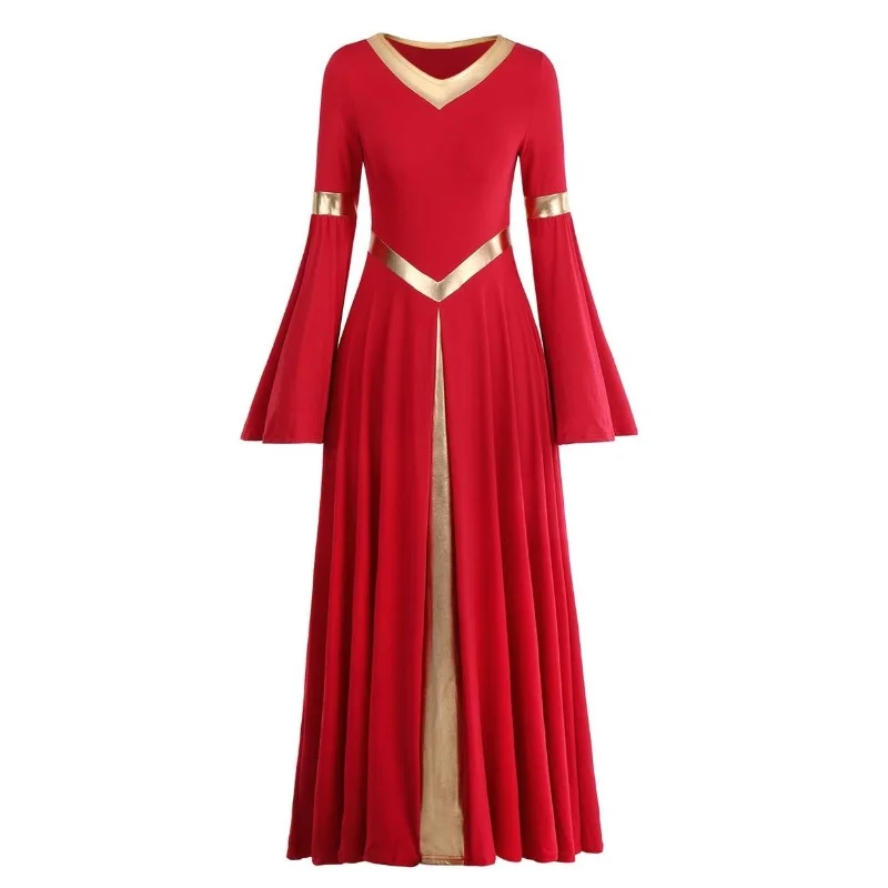 Liturgical Worship Costume Bi Color Bell Long Sleeve Church Robe Praise wear Women Metallic V Neck Praise Dance Dress