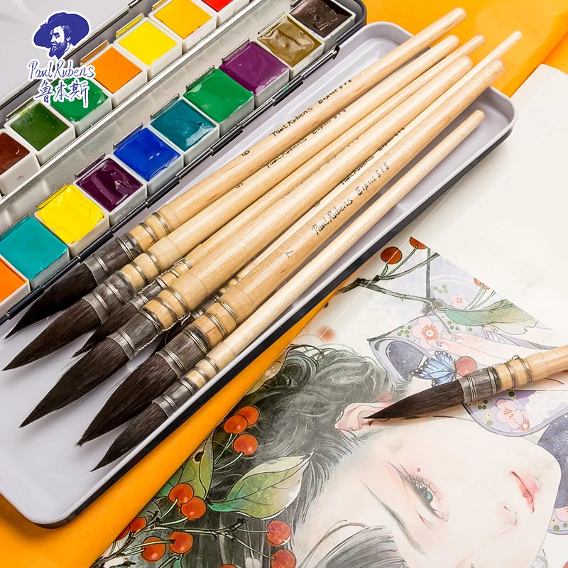 Paul Rubens Watercolor Brush Pen Paint Acrylic Squirrel Hair Yellow Timber Baking Varnish Holder Art Supplies for Artist L818-8#