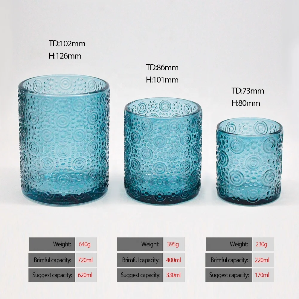 FENGJUN custom wholesale 6oz 11oz 20oz Translucence Blue Brown Gray Regular dots and circles glass candle jar for candle making