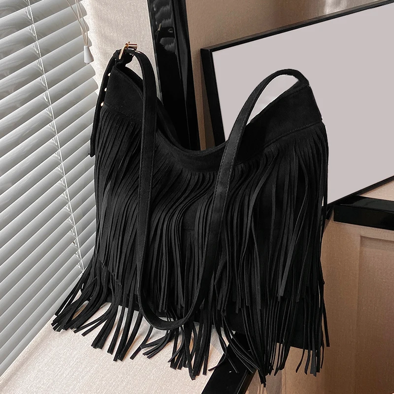 Women Vegan Suede Fringe Tassel Shoulder Purses Messenger Bag Hippie Cross Body Leisure Hobo Tote Bag