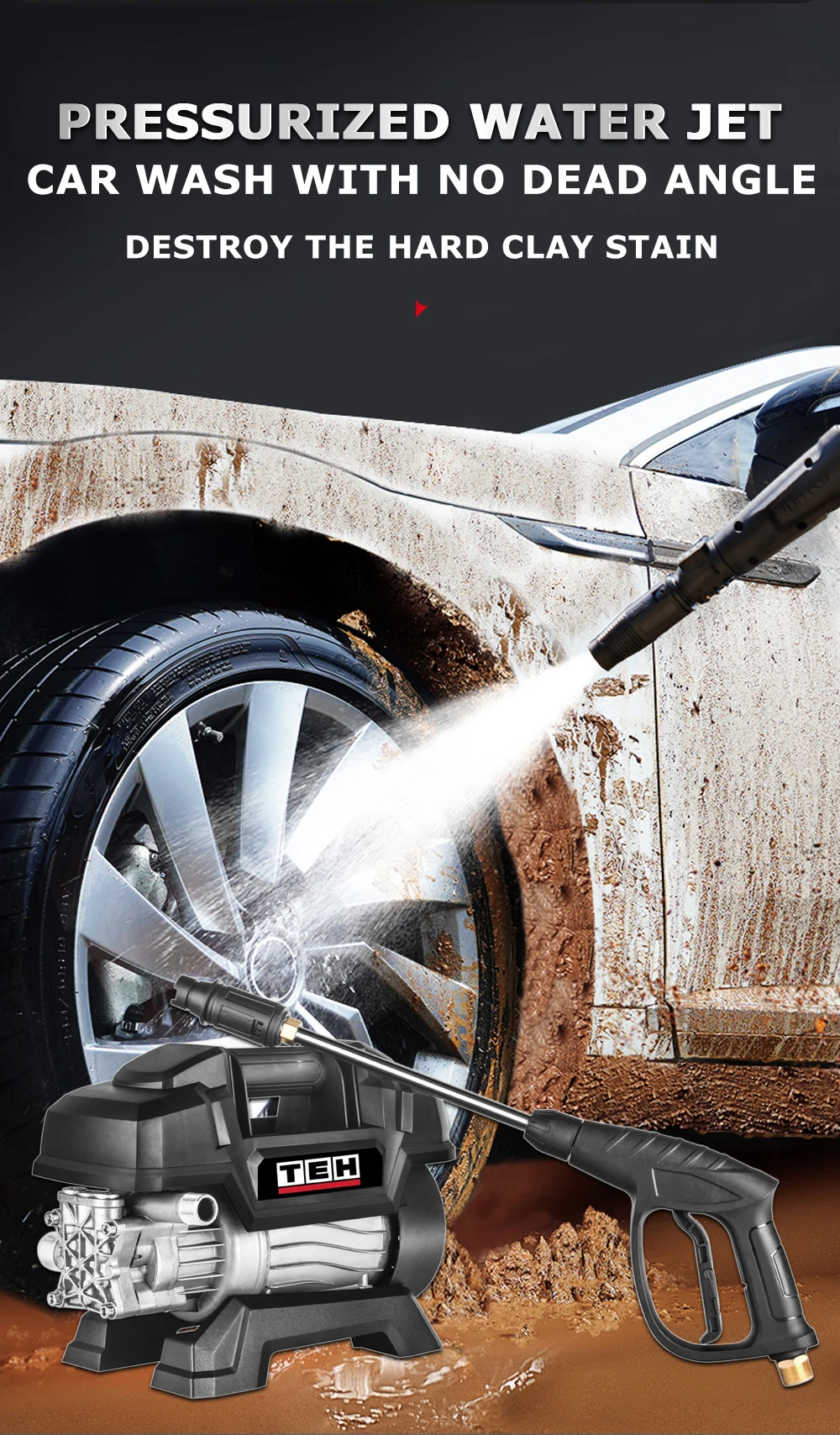 TEH Lightweight Durable Portable Cold Water Wheeled Electric High Pressure Car Washer Machine