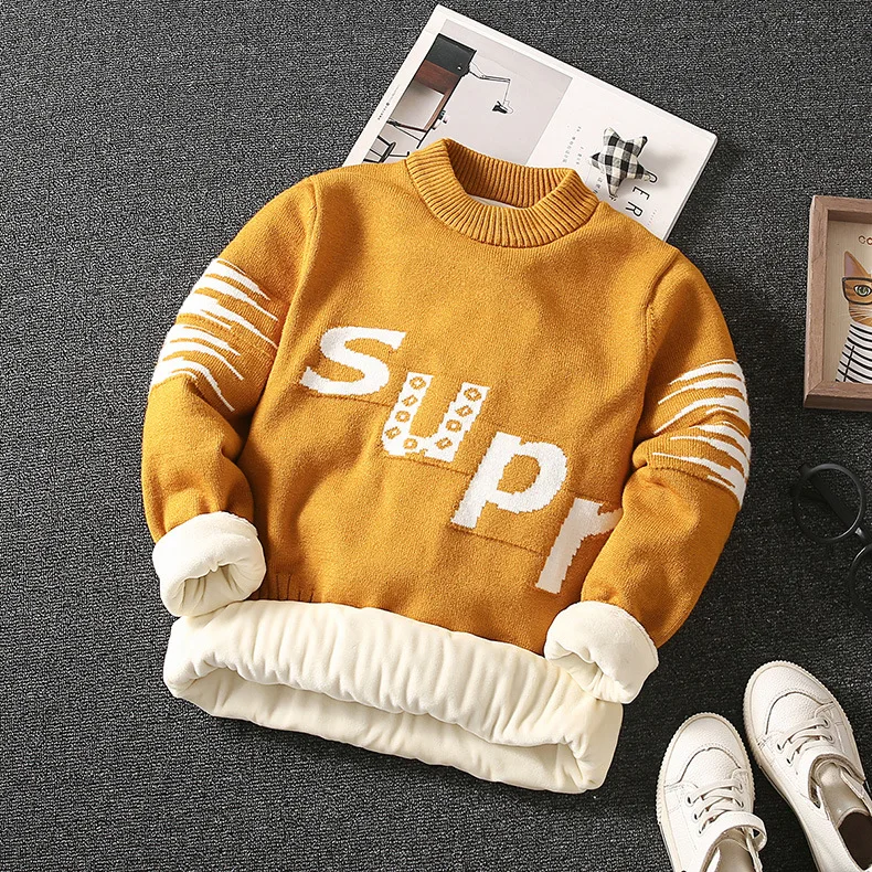 Зимний плотный теплый флисовый Детский свитер с круглым вырезом и принтом для мальчиков