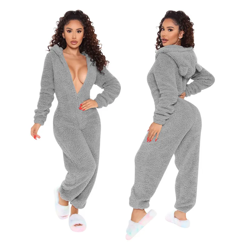 Casual Plush Homewear Long Sleeve Hooded Jumpsuits Women Cute Loungewear One Piece Zipper Pajamas Women Sleepwear