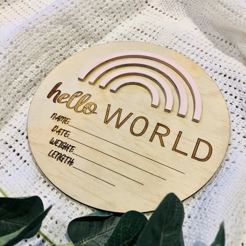 Custom Factory Laser Engrave Wooden Discs Baby Milestone Cards 3D Rainbow Newborn Baby Birth Announcement Wood Sign Card//