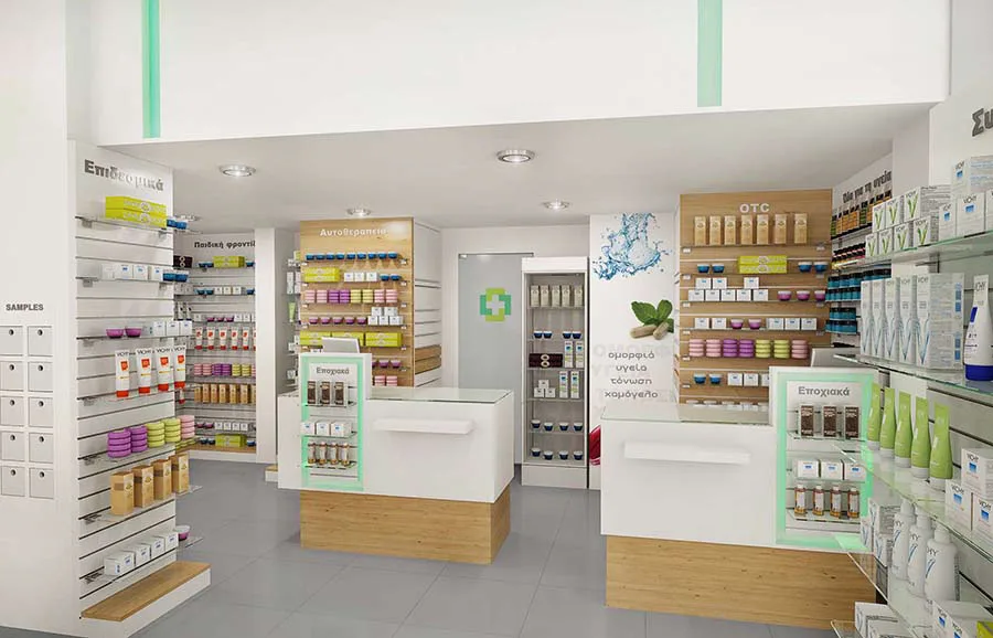 Custom Drugstore Pharmacy Medical Store Interior Decoration Pharmacy Shop Counter Furniture Wood Pharmacy Shelves