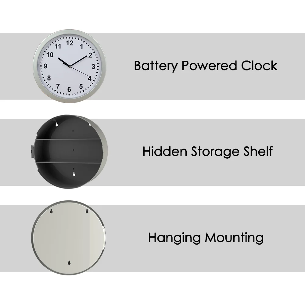 Hidden Working Wall Clock Three Compartment Shelf Diversion Safe Secret Stash Valuables Security Container Organizer