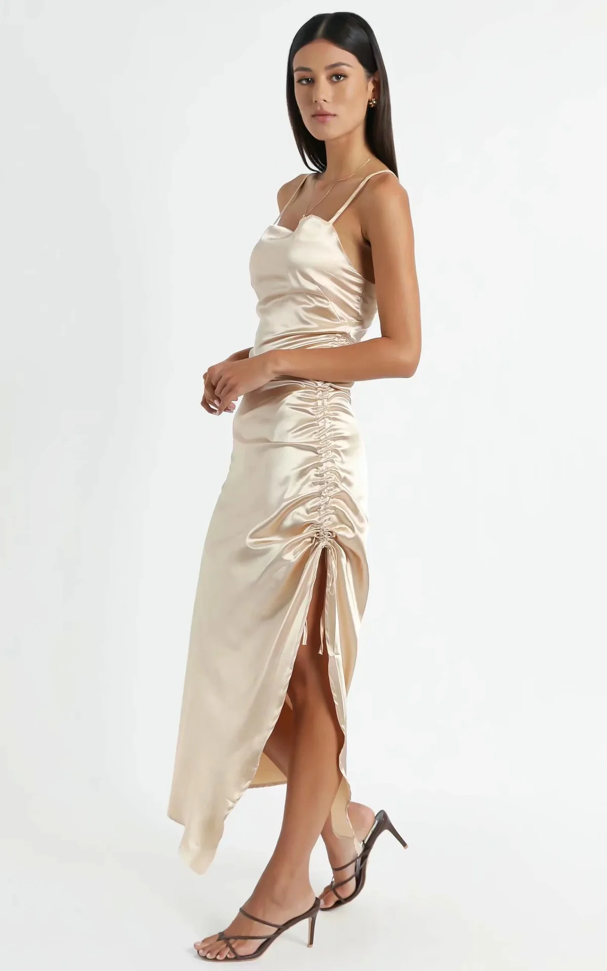 
Ladies Formal Single Side Slit with Drawstring Backless Solid Color Sleeveless Party Dress 