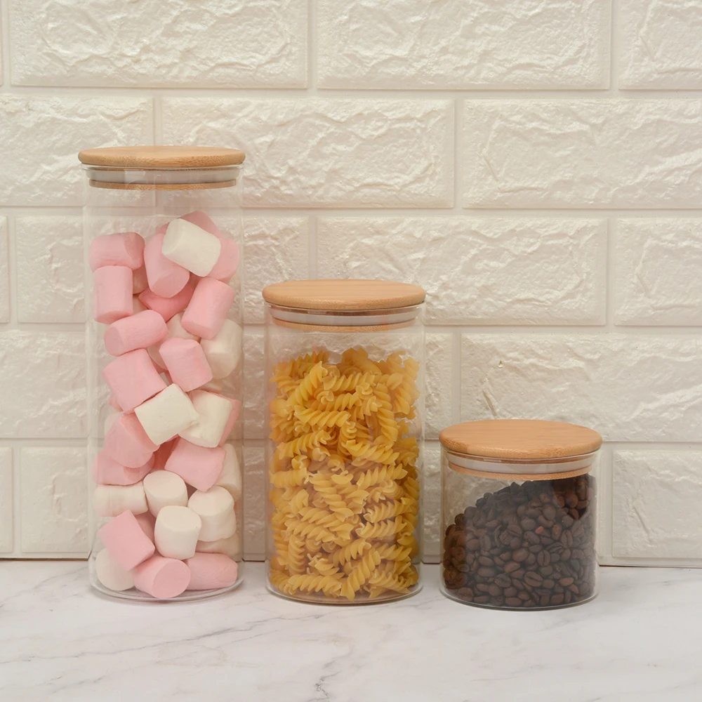 Small Wide Mouth Storage Round Food Clear Custom Borosilicate Glass Jar with Bamboo Lid