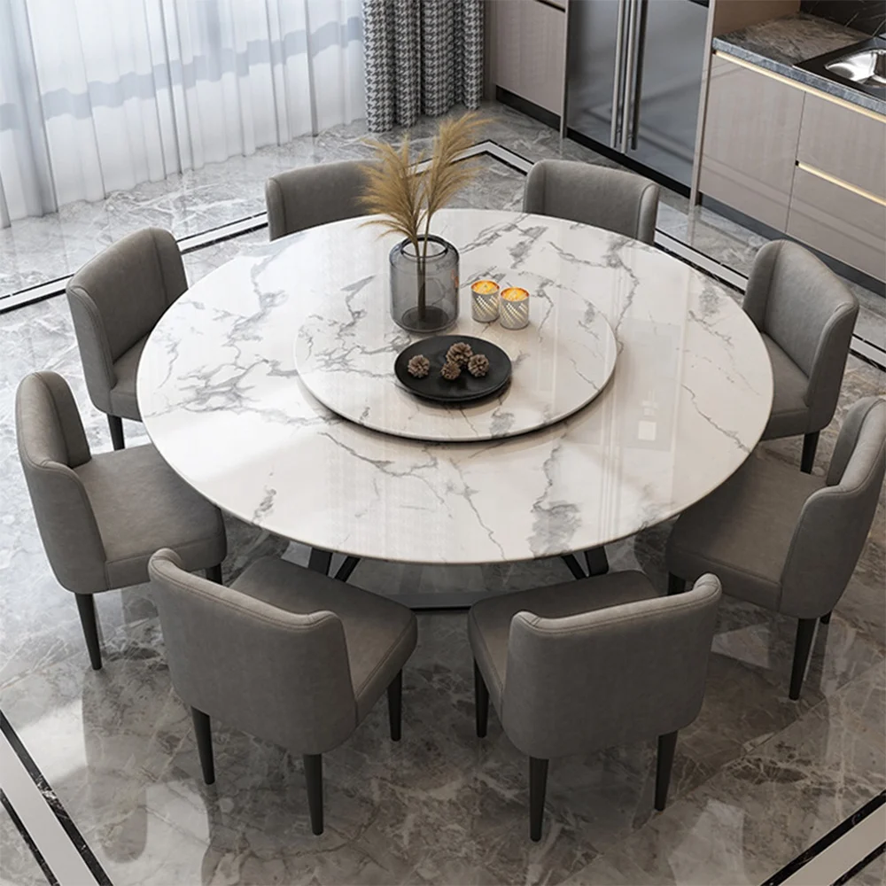 Italian light luxury slate carbon steel round marble dining table and chair set 1.8m dining table for restaurant furniture