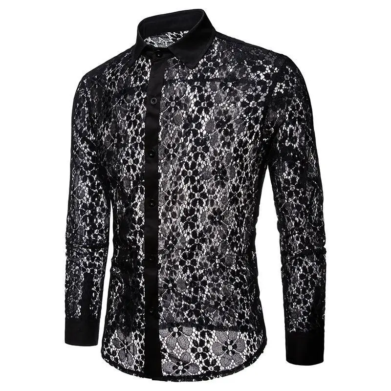 Summer Clothing Casual Texture Crotchet Button Up Lace Shirt Custom Mens Fashion Short Sleeves Crochet Knit Shirts For Men